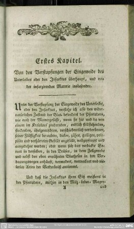 Erstes Kapitel. Von den Verstopfungen der Eingeweide des Unterleibes oder den Infarktus überhaupt, und von der infarzirenden Materie insbesondre