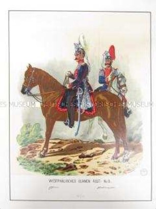 Uniformdarstellung, Offizier und Stabstrompeter des Westfälischen Ulanen-Regiments No. 5 zu Pferd, Preußen, 1864. Tafel 51 aus: Schindler: Militair-Album.