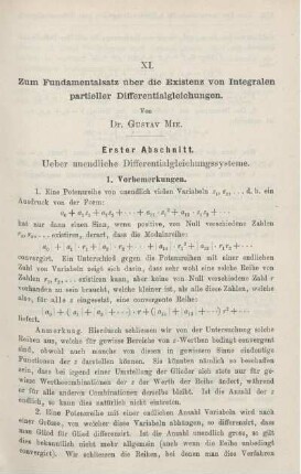 XI. Zum Fundamentalsatz über die Existenz von Integralen partieller Differentialgleichungen.