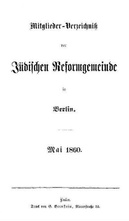 Mitglieder-Verzeichniss der Jüdischen Reformgemeinde in Berlin