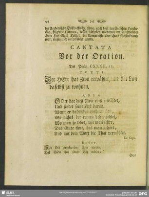 Cantata Vor der Oration. Text Psalm CXXXII, 13.
