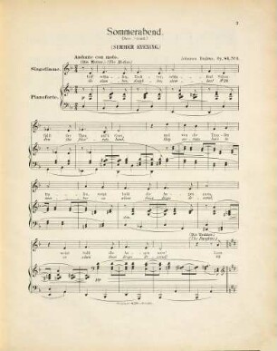 Romanzen und Lieder : für eine oder zwei Stimmen mit Begleitung des Pianoforte ; Op. 84 ; No. 1. Sommerabend, "Geh schlafen Tochter, schlafen", Hans Schmidt, No. 2. Der Kranz, "Mutter hilf mir armen Tochter", Hans Schmidt, No. 3. In den Beeren, "Singe, Mädchen, hell und klar", Hans Schmidt, No. 4. Vergebliches Ständchen, "Guten Abend, mein Schatz", niederrheinische Volkslieder, No. 5. Spannung, "Gut'n Abend mein tausiger Schatz", niederrheinische Volkslieder