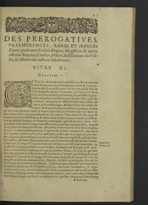 Des prerogatives, preeminences ... Titre XL.
