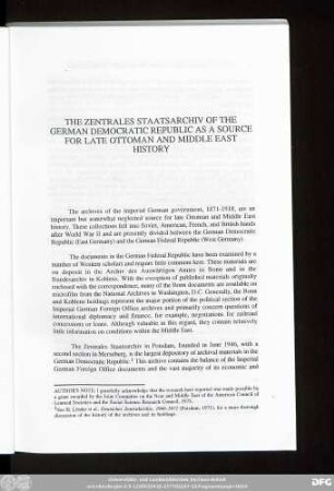 The Zentrales Staatsarchiv Of The German Democratic Republic As A Source For Late Ottoman And Middle East History