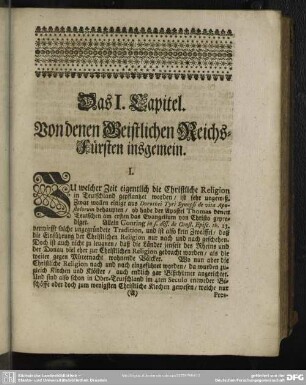 Das I. Capitel. Von denen Geistlichen Reichs-Fürsten ingsgemein