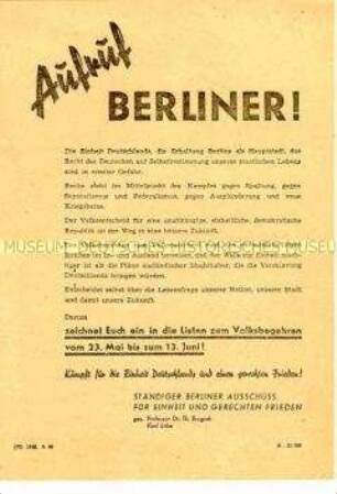 Aufruf des Ständigen Berliner Ausschusses für Einheit und gerechten Frieden zur Einzeichnung zum Volksbegehren 1948