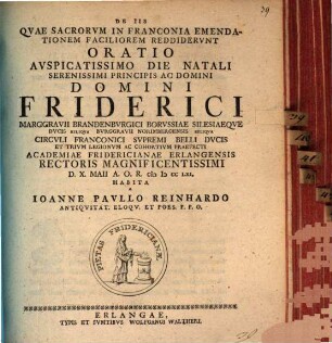 De Iis, Qvae Sacrorvm In Franconia Emendationem Faciliorem Reddidervnt, Oratio