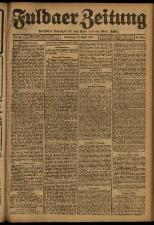 Erste Ausgabe vom Samstag, den 23. April 1921.