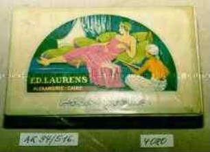Pappschachtel für Zigaretten "ED. LAURENS ALEXANDRIE - CAIRE" (arabische Schriftzeichen - Abbildung liegender Dame mit musizierendem Diener)