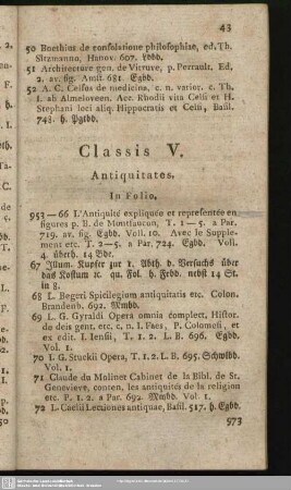 Classis V. Antiquitates