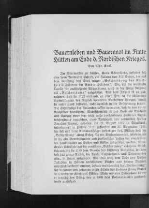 Bauernleben und Bauernnot im Amte Hütten am Ende d. Nordischen Krieges.