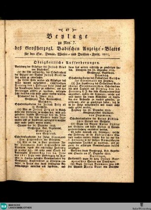 Großherzoglich Badisches Anzeige-Blatt für den See-, Donau-, Wiesen- und Dreisam-Kreis, Beylage des Großherzogl. Badischen Anzeige-Blatts für den See, Donau, Wiesen und Dreisam-Kreis