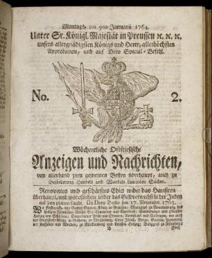 No. 2. Montags, den 9ten Januarii 1764.