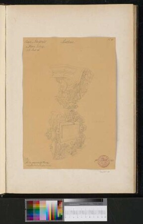 Reliefierte Wappenkonsole von Herzog Ulrich von Württemberg, darunter Rollwerkkartusche mit Namenstafel (Dreiviertelansicht)