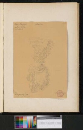 Reliefierte Wappenkonsole von Herzog Ulrich von Württemberg, darunter Rollwerkkartusche mit Namenstafel (Dreiviertelansicht)