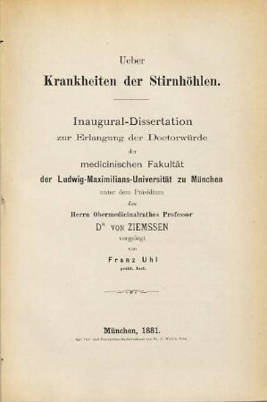 Ueber Krankheiten der Stirnhöhlen : Inaugural-Dissertation