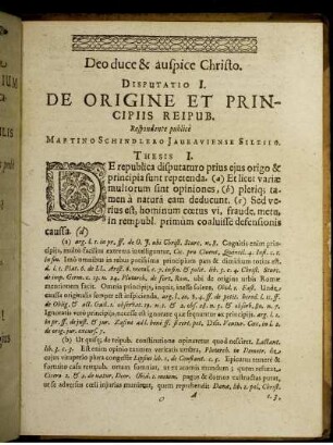 Disputatio I. De Origine Et Principiis Reipub.
