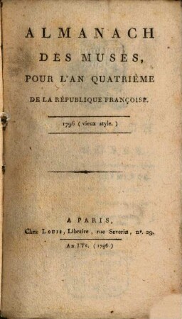 Almanach des muses : ou choix des poésies fugitives. 1796, 1796