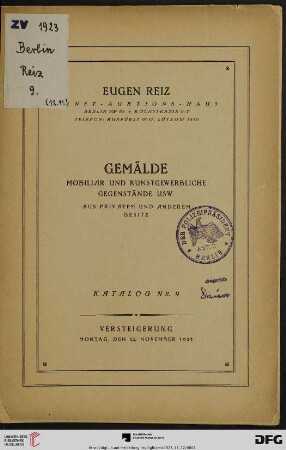Gemälde, Mobiliar und kunstgewerbliche Gegenstände usw. aus privatem und anderem Besitz : Versteigerung 12. November 1923 (Katalog Nr. 9)