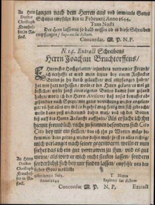N. 14. Extract Schreibens Herrn Joachim Bruchtorffens/