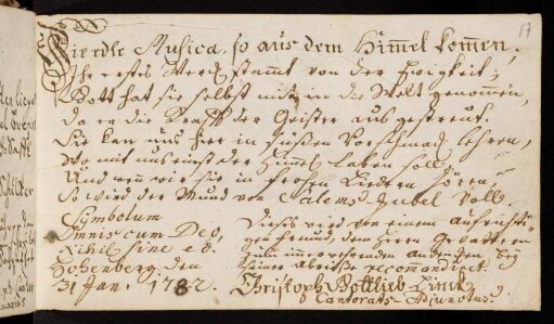 Linck, Christoph Gottlieb [Kantorartsgehilfe zu Hohenberg]. Hohenberg, 31.01.1742.