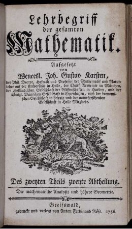 Theil 2, Abtheilung 2: Lehrbegriff der gesamten Mathematik. Zweyten Theils zweyte Abtheilung