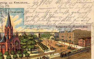 Postkartenalbum. "Gruss aus Karlsruhe". Christuskirche, Kaiserdenkmal und Restauration zum Deutschen Haus