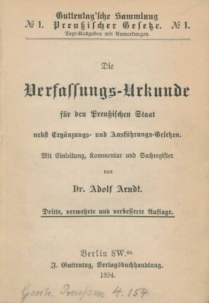 Die Verfassungs-Urkunde für den Preußischen Staat nebst Ergänzungs- und Ausführungs-Gesetzen : mit Einleitung, Kommentar und Sachregister