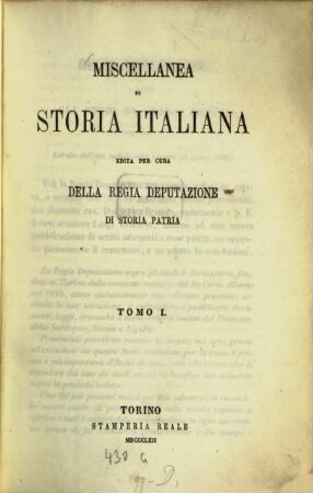 Miscellanea di storia italiana. 1. 1862