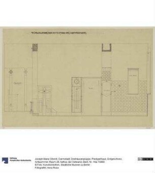 Darmstadt, Dreihäusergruppe, Predigerhaus, Erdgeschoss, Amtszimmer, Raum 28, Aufriss der Ostwand