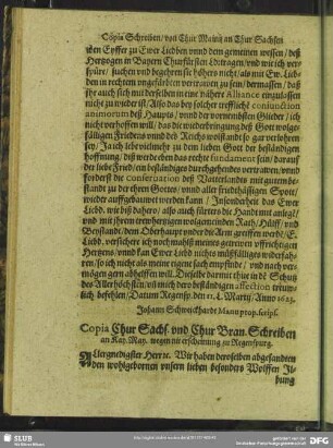 Copia Chur Sächs. und Chur Bran. Schreiben an Kay. May. wegen nit erscheinung zu Regenspurg