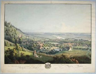 Blick in das Elbtal oberhalb von Pillnitz bei Dresden nach Süden, unterhalb Weinberg und Gehöfte von Pillnitz, rechts das Schloss, im Hintergrund Berge der Sächsischen Schweiz