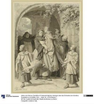 Der Mönch Eckehard trägt die Herzogin über die Schwelle des Klosters. Illustration zu Scheffels "Eckehard"