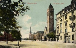 Postkartenalbum mit Motiven von Karlsruhe. "Karlsruhe. Durlacher Allee". Durlacher Allee mit Lutherkirche