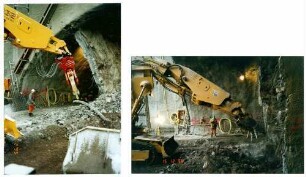 Engelbergbasistunnel im Bau Nordportal, Abbruch der Ulmenstiele mit Betonschere.