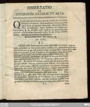 Dissertatio De Differentia Naturae Et Artis.