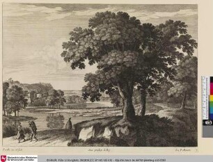 [Landschaft mit großem Baum und Wanderern an einem Fluss]