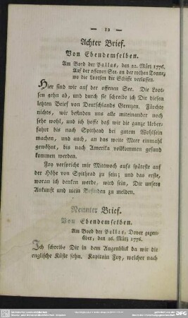 Neunter Brief. Von Ebendemselben : Am Bord der Pallas, Dover gegenüber, den 26. März 1776