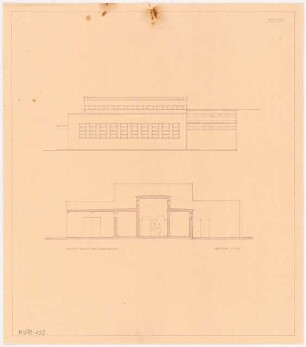Empfangsgebäude an einer Vorortbahn Monatskonkurrenz Mai 1929: Aufriss Seitenansicht, Querschnitt 1:100