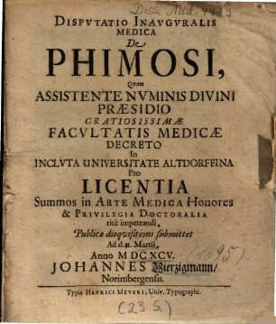 Dispvtatio Inavgvralis Medica De Phimosi