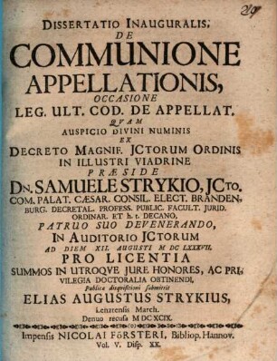 Dissertatio Inauguralis, De Communione Appellationis, Occasione Leg. Ult. Cod. De Appellat.