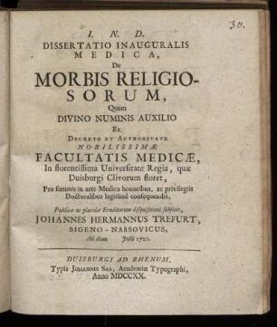 Dissertatio Inauguralis Medica, De Morbis Religiosorum
