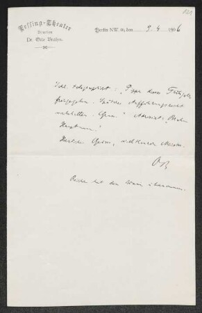 Brief von Otto Brahm von Lessing-Theater  an Gerhart Hauptmann