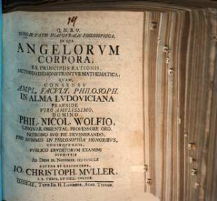 Diss. inaug. philos. in qua angelorum corpora, ex principiis rationis, methodo demonstrantur mathematica