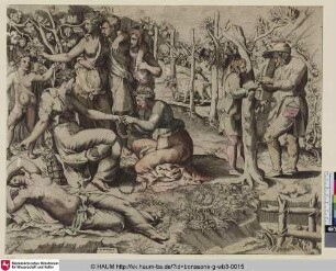 [La déesse Flore assise dans un jardin au milieu de plusieurs nymphes dont il y en a une qui lui aide à achever une couronne de fleurs; Flora umgeben von ihren Nymphen]