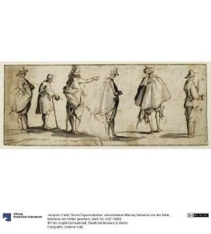 Sechs Figurenstudien: verschiedene Männer, teilweise von der Seite, teilweise von hinten gesehen