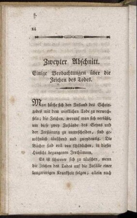 Zweyter Abschnitt. Einige Beobachtungen über die Zeichen des Todes.