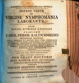 Dissertatio Inavgvralis Medica Sistens Casvm De Virgine Nymphomania Laborante