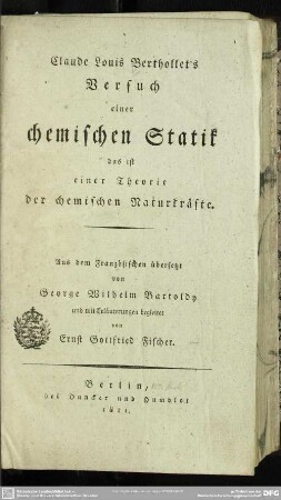 1: Claude Louis Berthollet's Versuch einer chemischen Statik : das ist einer Theorie der chemischen Naturkräfte