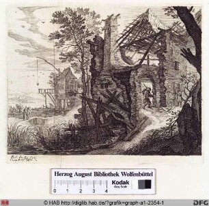 Landschaft mit Fluss und Ruine.